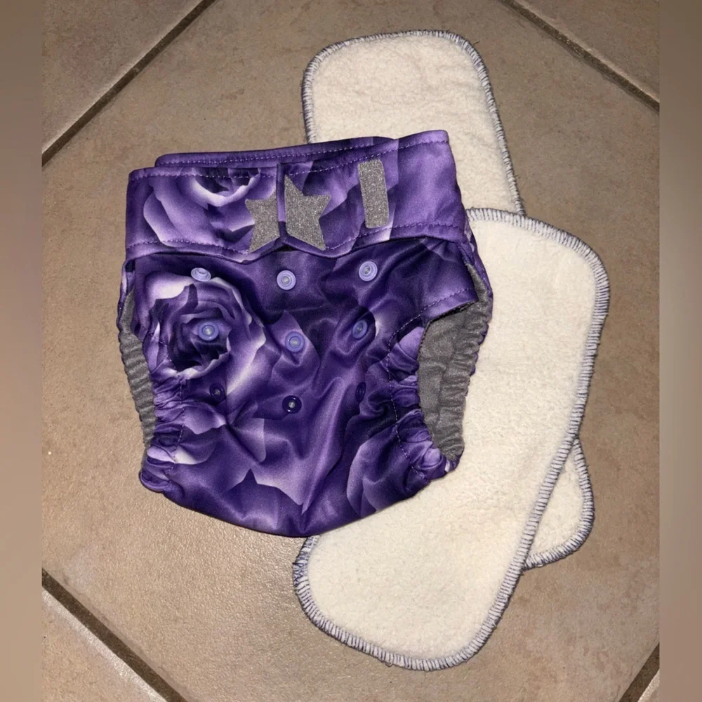 RAGABabe Purple Rose Reusable Diaper Cover with 2 Cotton & Bamboo Inserts